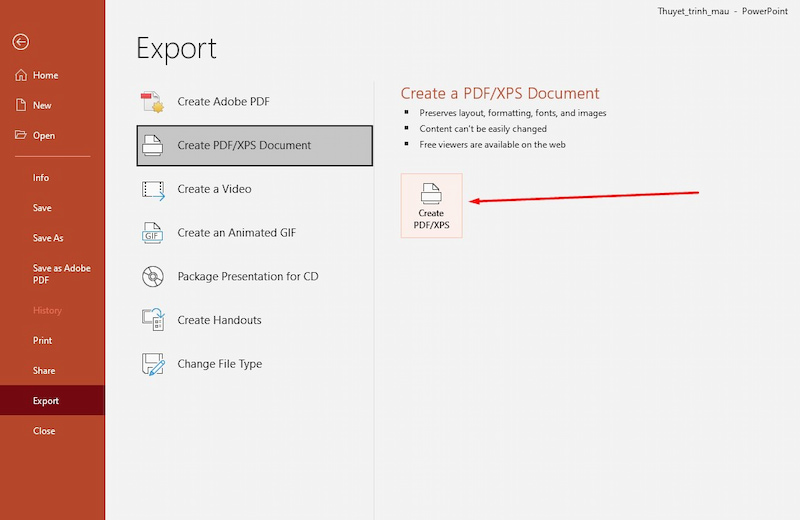 Nhấn Create PDF/XPS