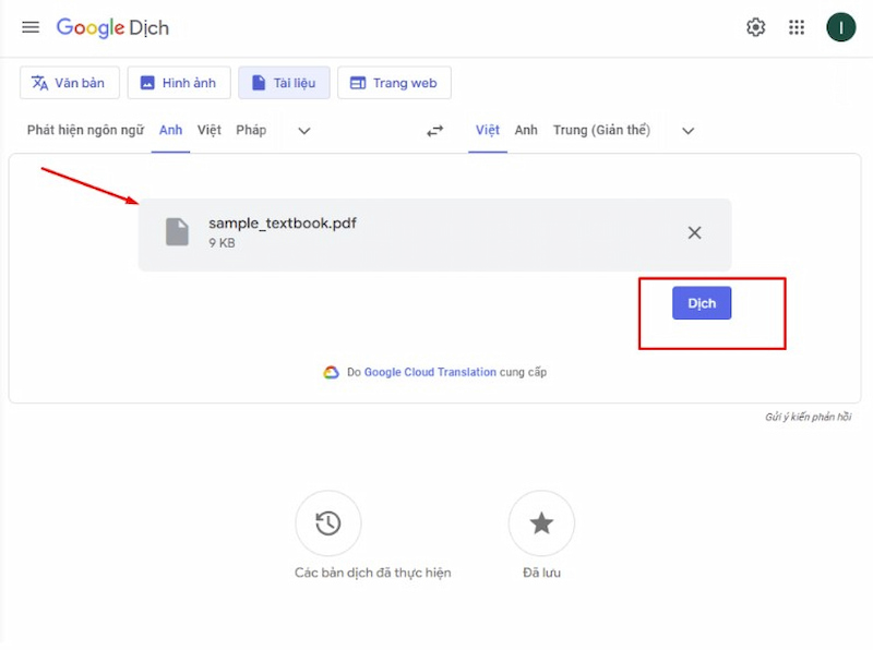 Nhấn nút dịch file PDF