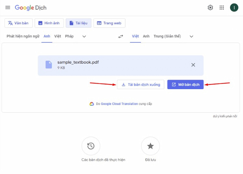 Tải xuống file PDF đã được dịch bởi Google Translate
