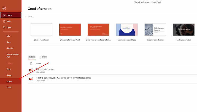 Vào File -> Export để chuyển ppt sang pdf